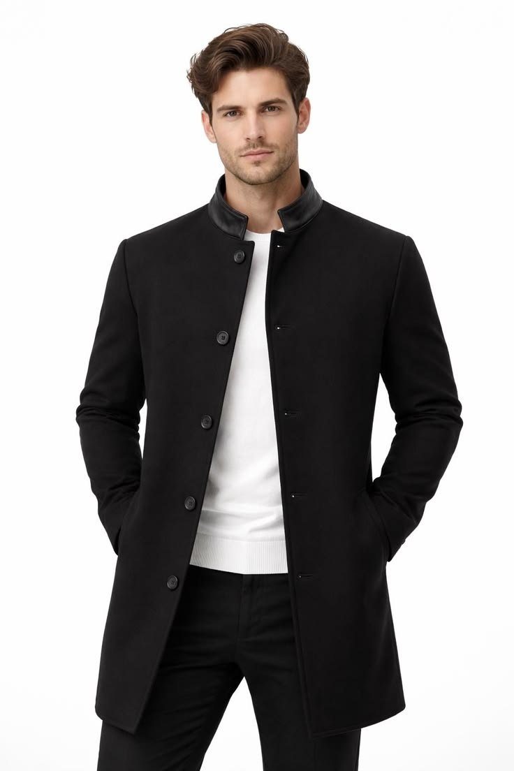 Person wearing a high collar jacket with an upright posture