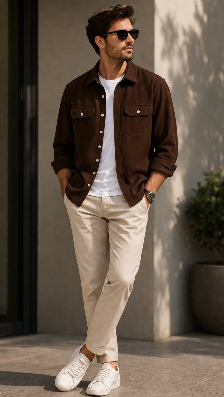 Stylish woman wearing a brown leather trench coat, cream sweater, and dark pants for a chic winter ensemble.