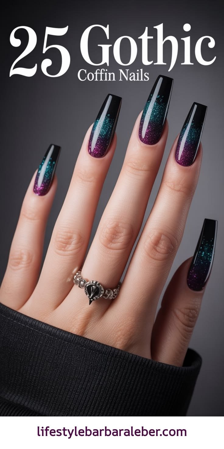 Long black gothic coffin nails with intricate silver accents and bold pointed tips.