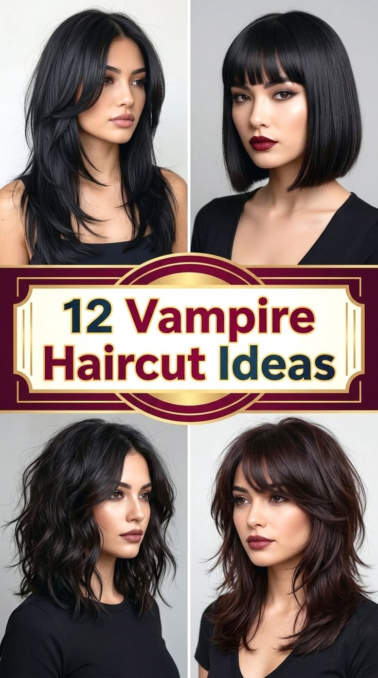 Layers in a vampire haircut add significant volume and movement, visible on dark, flowing hair.