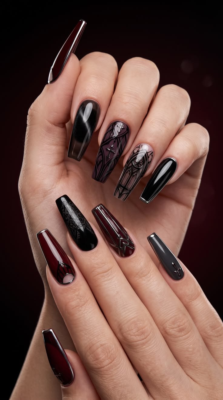 Maintained gothic coffin nails with a fresh dark polish, showing proper cuticle care and shape.