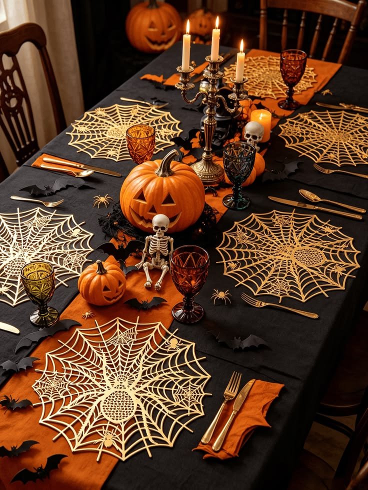 Elegant gothic tablescape showcasing premium halloween party decor food presentation