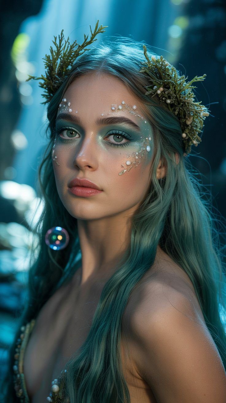 Highlighter application for a dark mermaid makeup glow effect