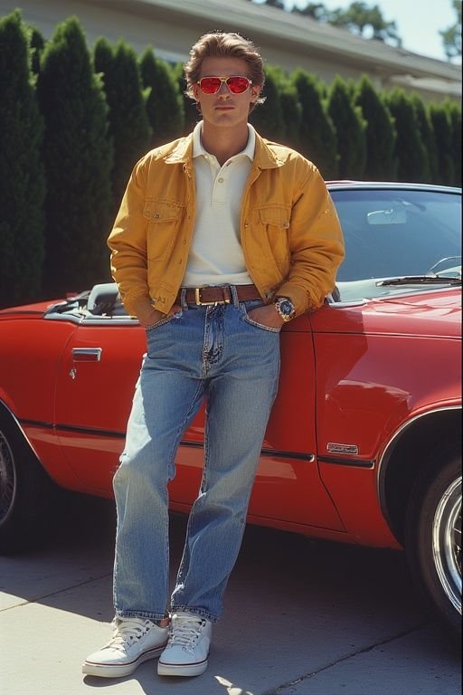 Men displaying classic 80s luxury outfits, including double-breasted suits and silk shirts.