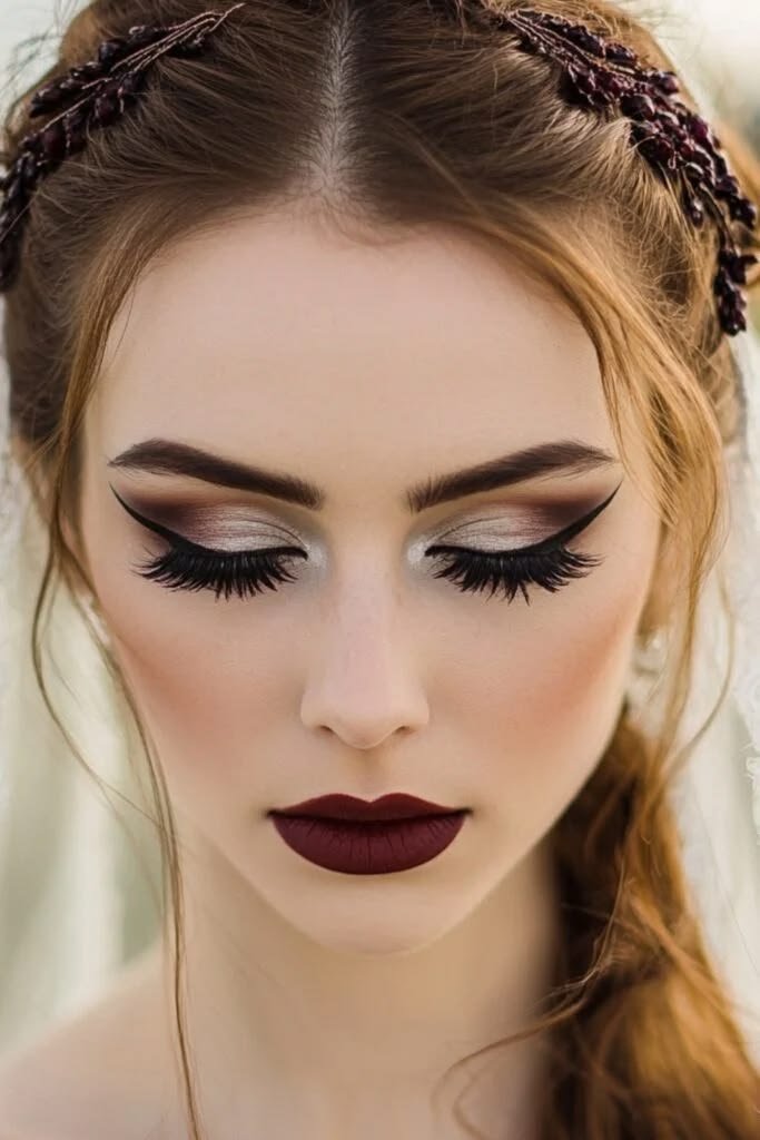 Woman with dark romantic makeup wearing a complementary dark, elegant outfit