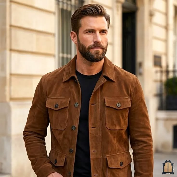 Brown field jacket ensemble with a white t-shirt and light jeans, a relaxed and approachable style.