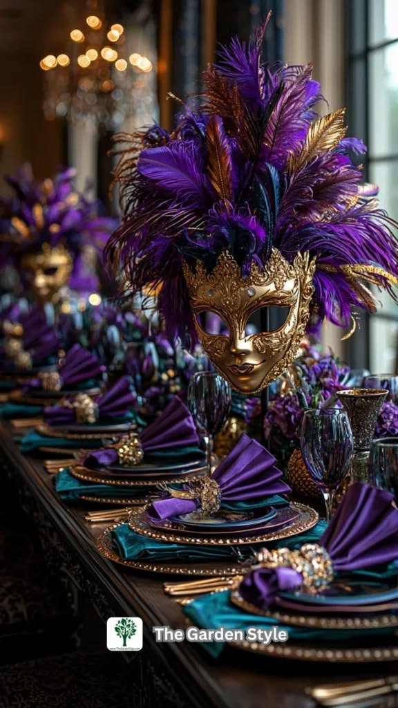 Masqurrade decor party lighting with purple and gold spotlights