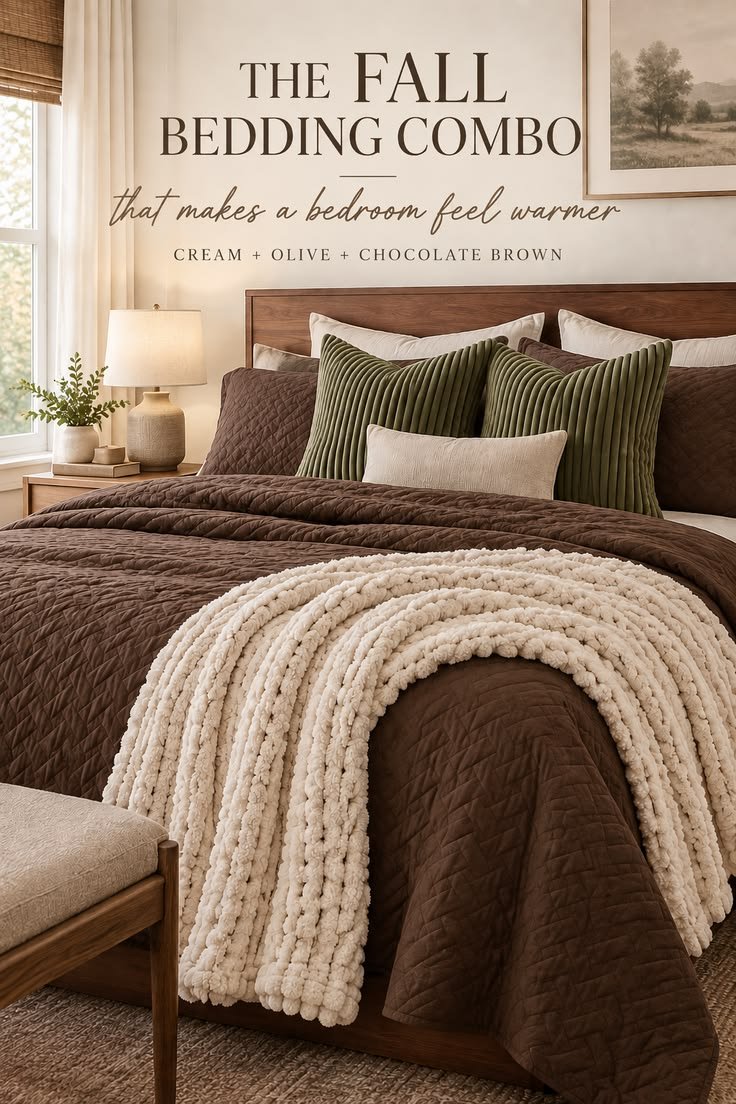 Earthy sage and mustard yellow fall bedding combo blending bohemian and autumn styles