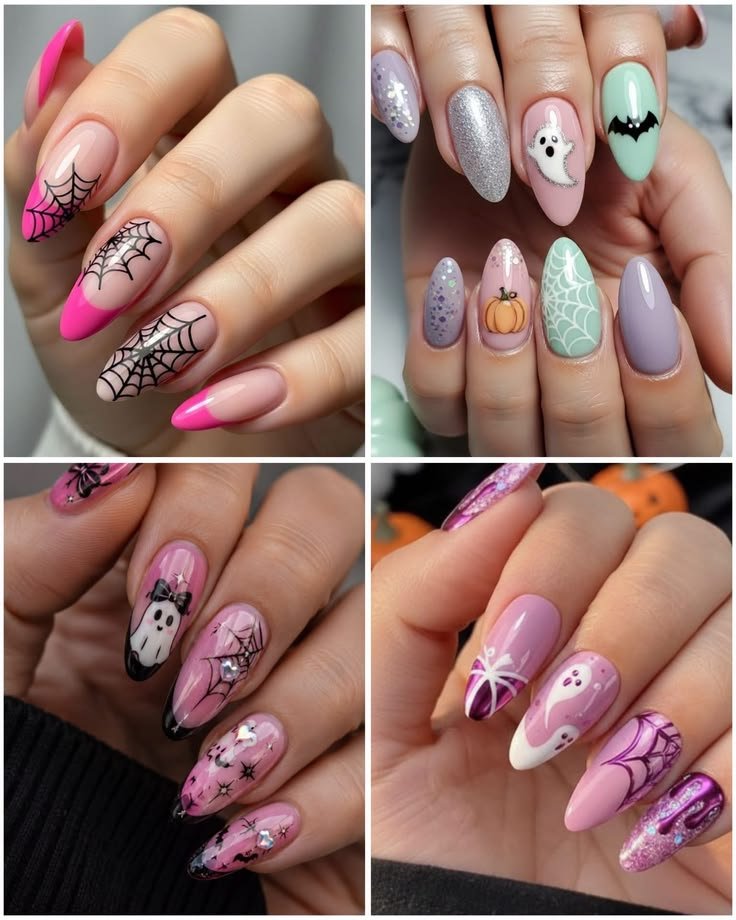 Witchy constellation Halloween nail designs featuring celestial maps