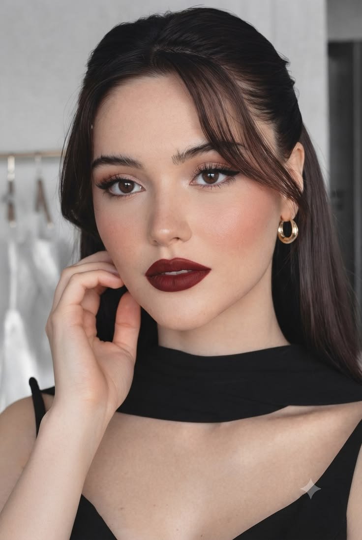 Model with dark romantic makeup, featuring deep red lips and smoky eyes