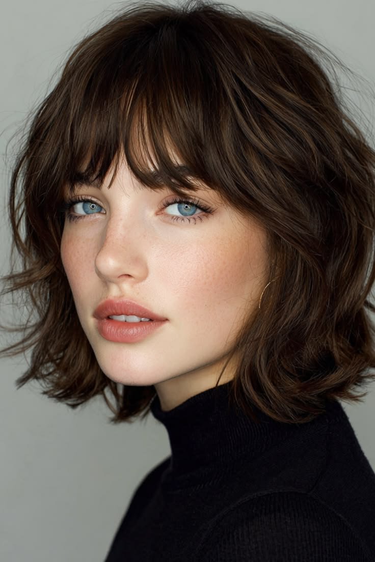 A woman with a vampire haircut adorned with gothic accessories like a velvet choker and dark earrings.