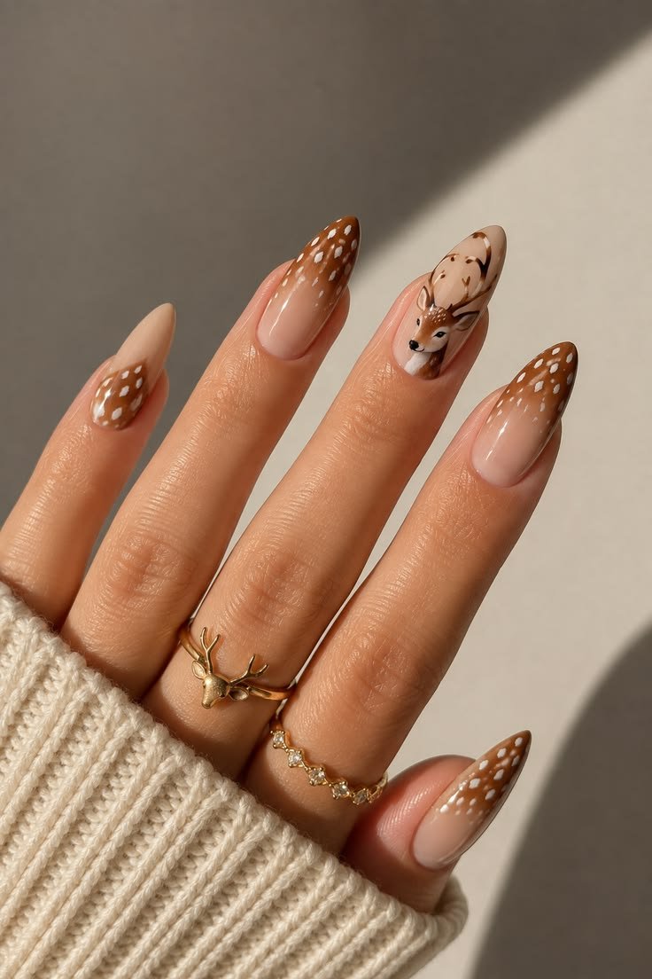 Cottagecore inspired deer naihs manicure with wild mushrooms and antler linework