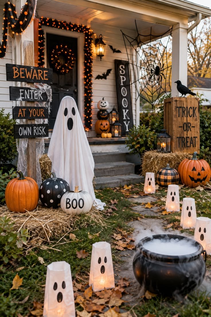 Floating LED porch candles suspended from the ceiling for magical outdoor halloween decor