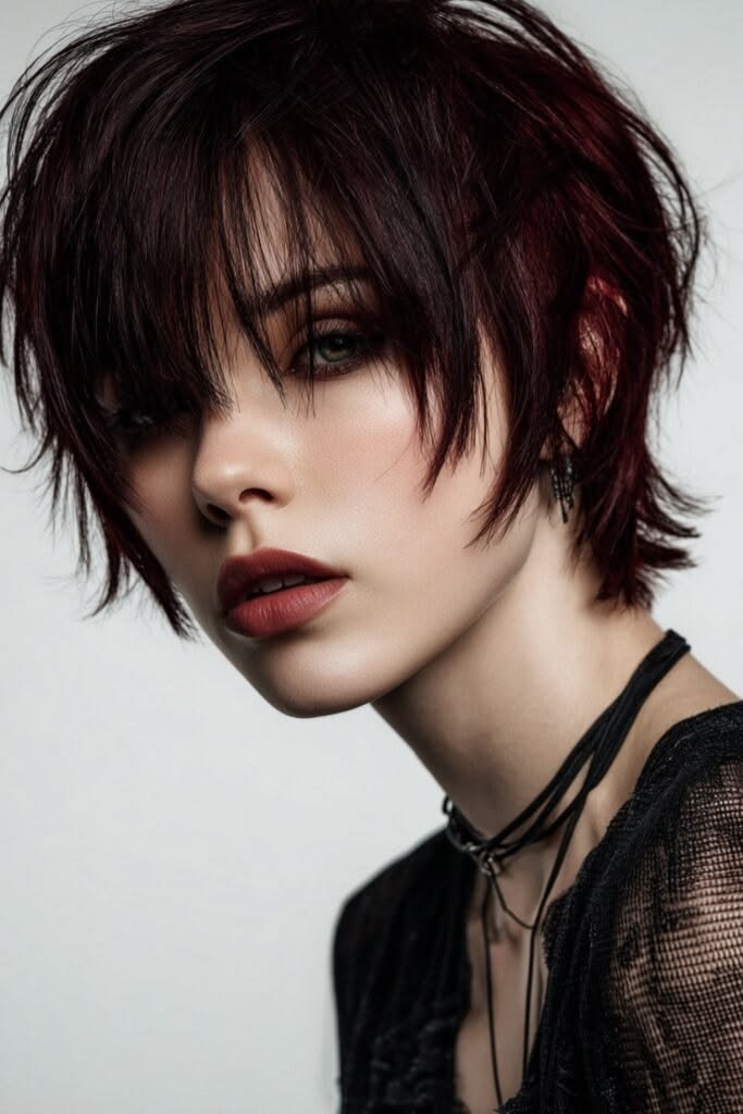 A modern vampire haircut with softer layers and contemporary styling, suitable for various settings.