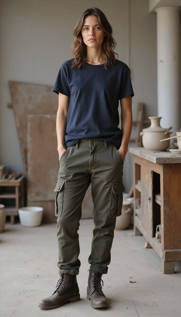 Seasonal clothing items, like a scarf for winter and shorts for summer, paired with a utility shirt.
