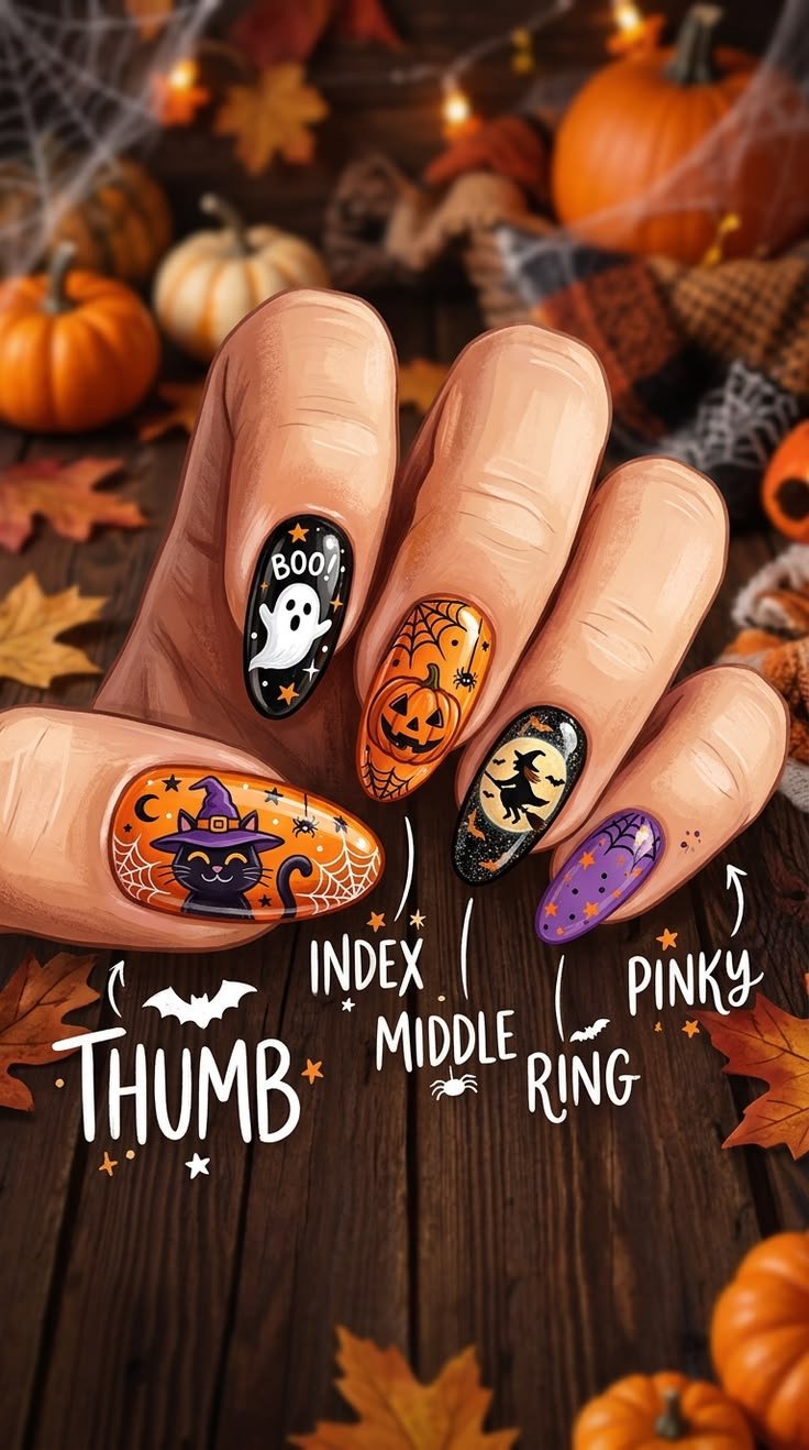 Muted fall floral and skull Halloween nail designs