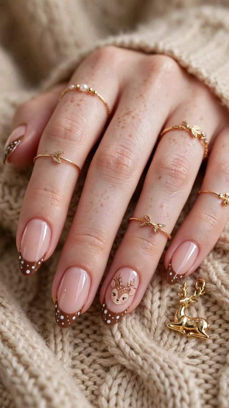 Matte top coat deer naihs art presenting textured fawn pattern on almond nails