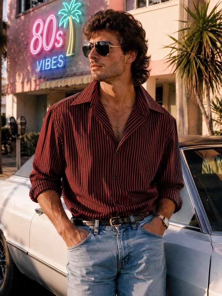 A woman in a sophisticated 80s luxury outfit, featuring a structured blazer and elegant accessories.