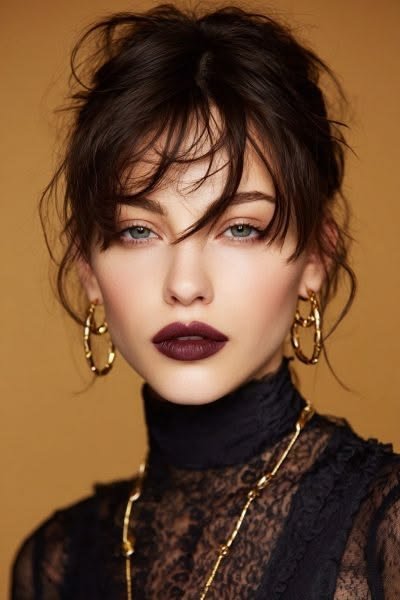 Woman with sculpted cheekbones and subtle blush complementing her dark makeup