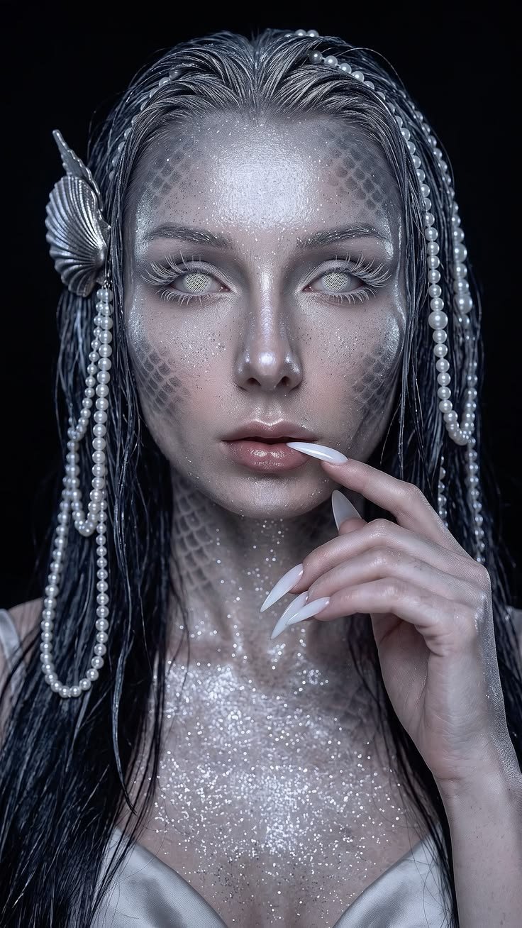 A dark mermaid makeup look in a dimly lit, moody environment