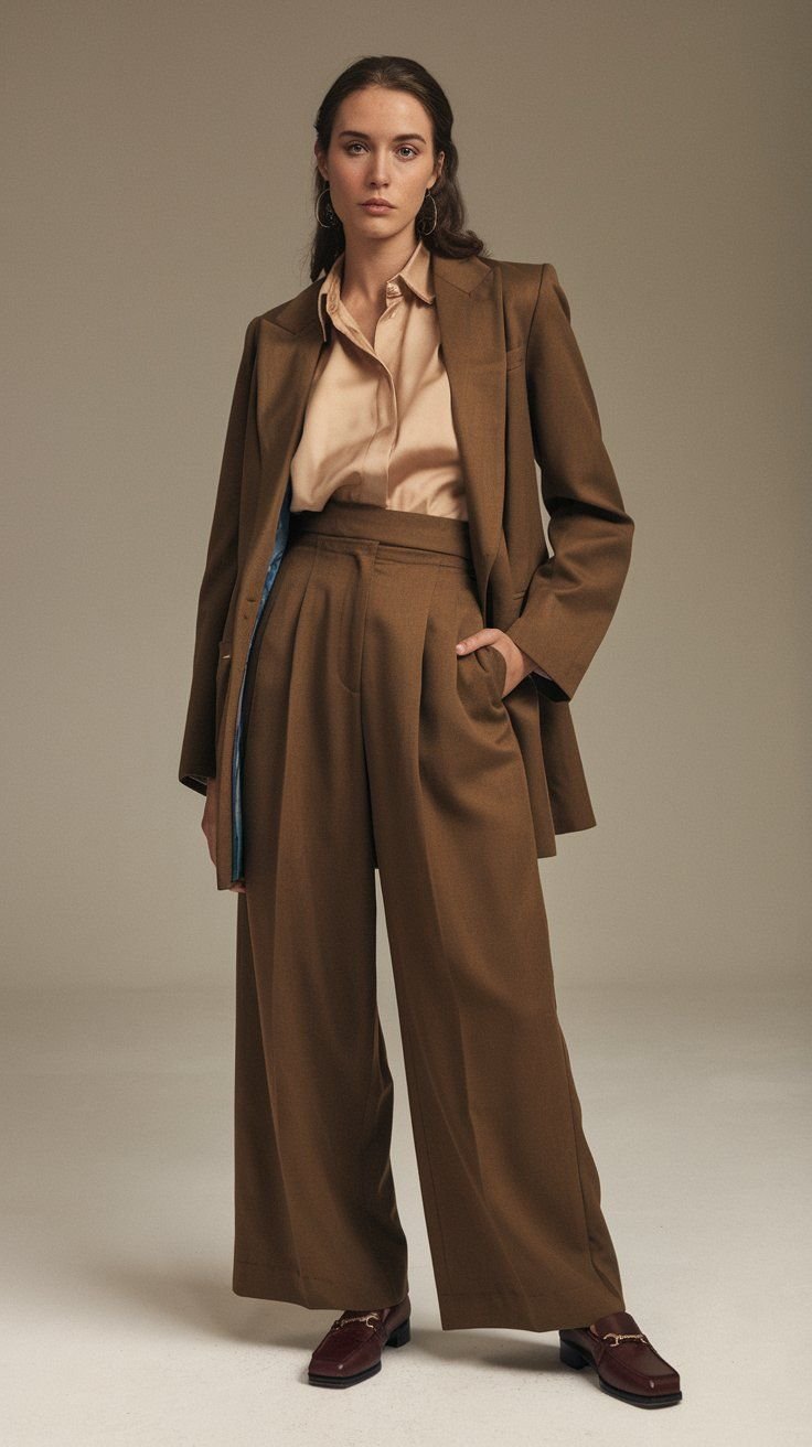 Woman accessorizing a baggy suit outfit with a stylish handbag and jewelry