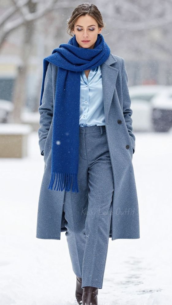 A woman in a stylish icy blue winter coat and scarf, demonstrating how to wear the color comfortably in colder seasons.