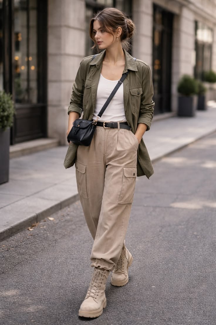 Various footwear options displayed, including sneakers, boots, and sandals, suitable for a utility shirt look.