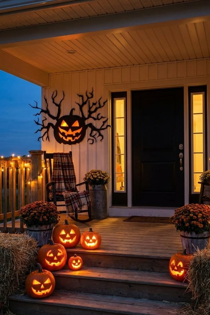 Shadowy creepy window silhouette decorations backlit by interior lights
