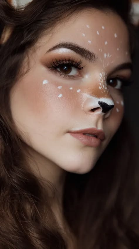 A stunning deer makeup aesthetic featuring soft brown tones and glittery accents for Halloween