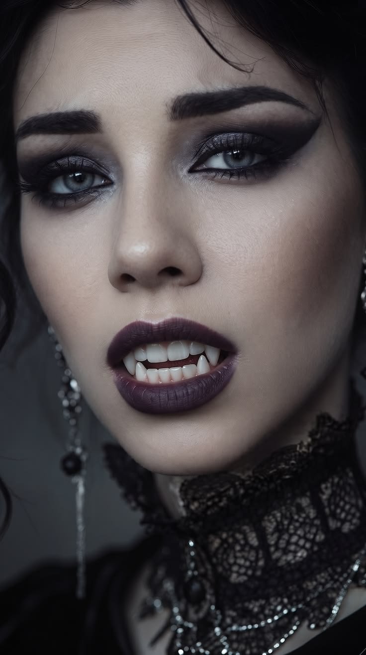 Close-up of eyes with dark, smoky eyeshadow and defined brows, typical of vampire beauty makeup