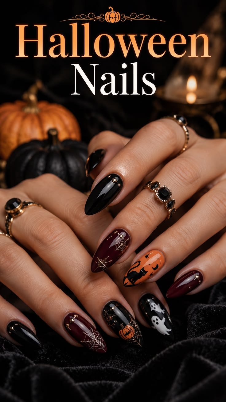 Enchanted forest silhouette Halloween nail designs