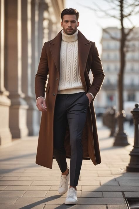 A person in a stylish brown coat, light top, and dark pants walking outdoors in winter.