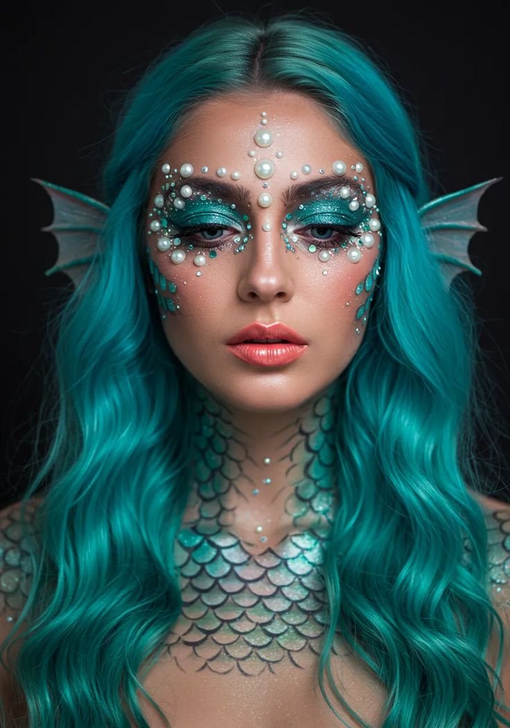 Dark mermaid makeup featuring deep purple and violet color palette