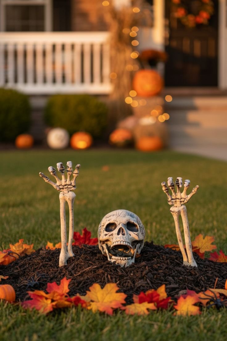 Floating LED porch candles suspended from the ceiling to elevate halloween yard ideas