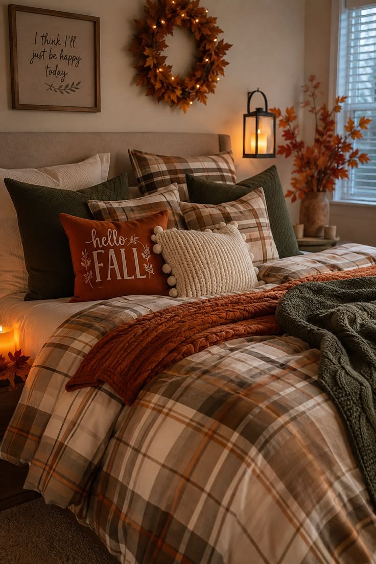 Classic tartan and velvet trim fall bedding combo suitable for late autumn transitioning