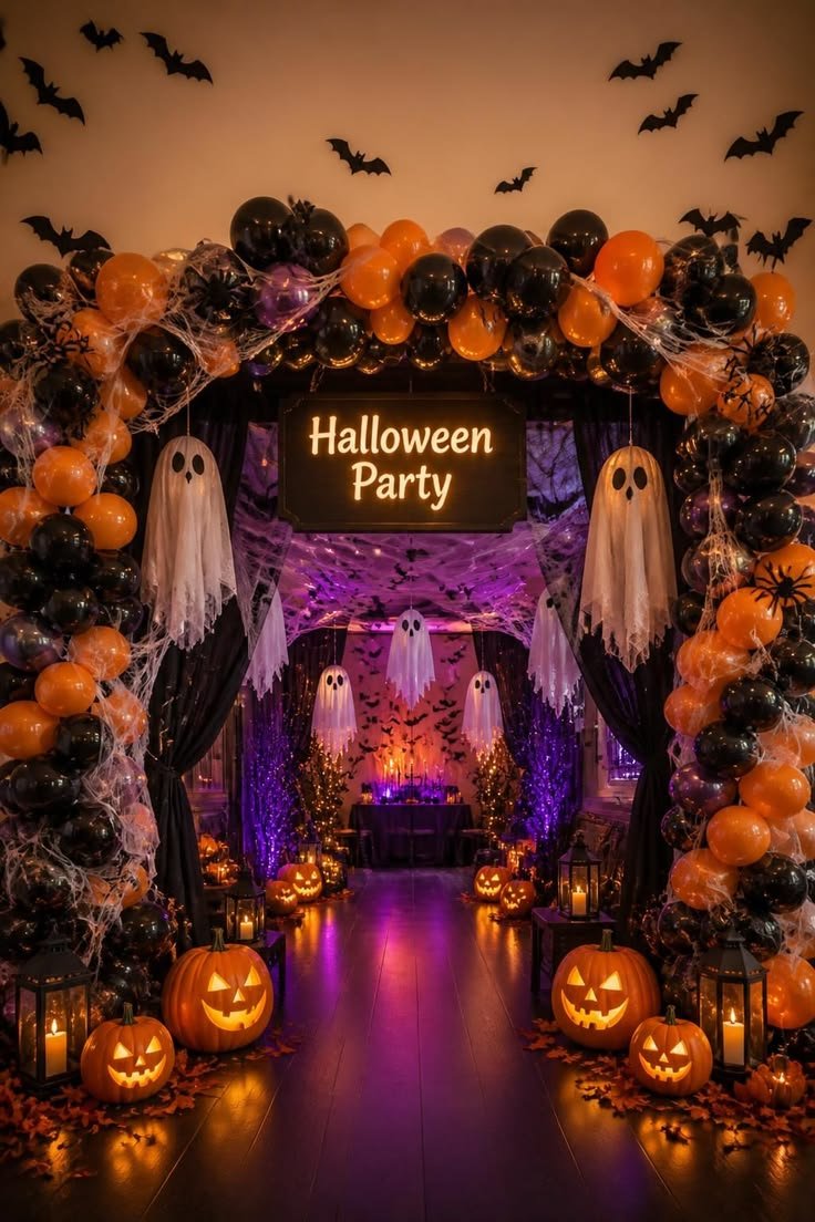 Stretchable fake cobwebs layered over furniture for classic Halloween party decor ideas
