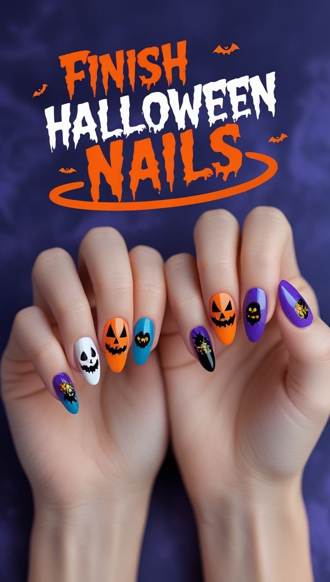 Midnight purple magnetic cat eye Halloween nail designs almond