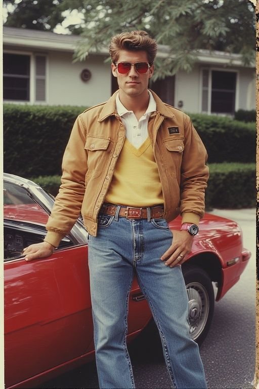 A stylish individual showcasing a contemporary take on a classic 80s luxury aesthetic.