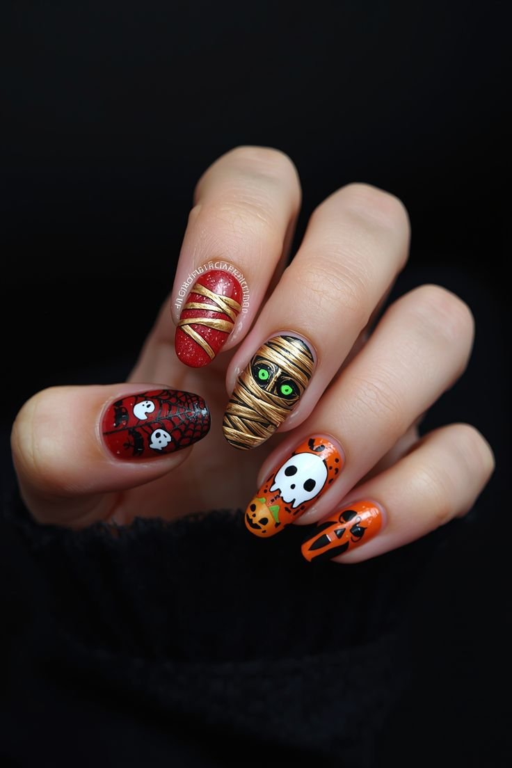 Black cat portrait Halloween nail designs