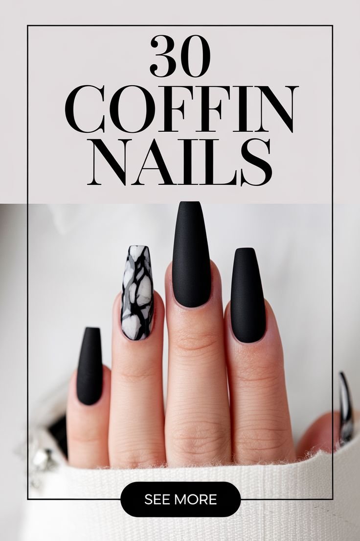 Classic glossy black gothic coffin nails showcasing a sleek, sophisticated, and timeless dark aesthetic.