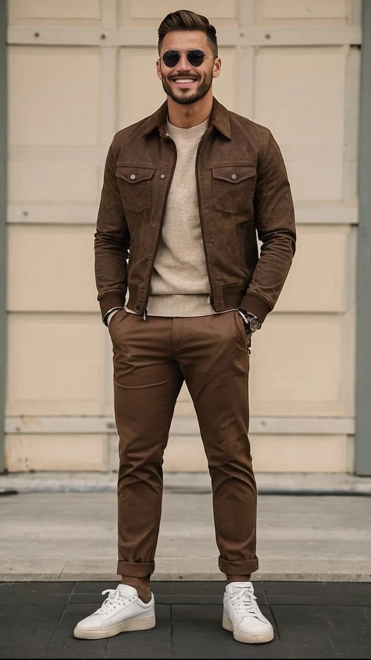 Man wearing a brown shearling-lined jacket, black turtleneck, and dark jeans, creating a rugged brown winter outfit.
