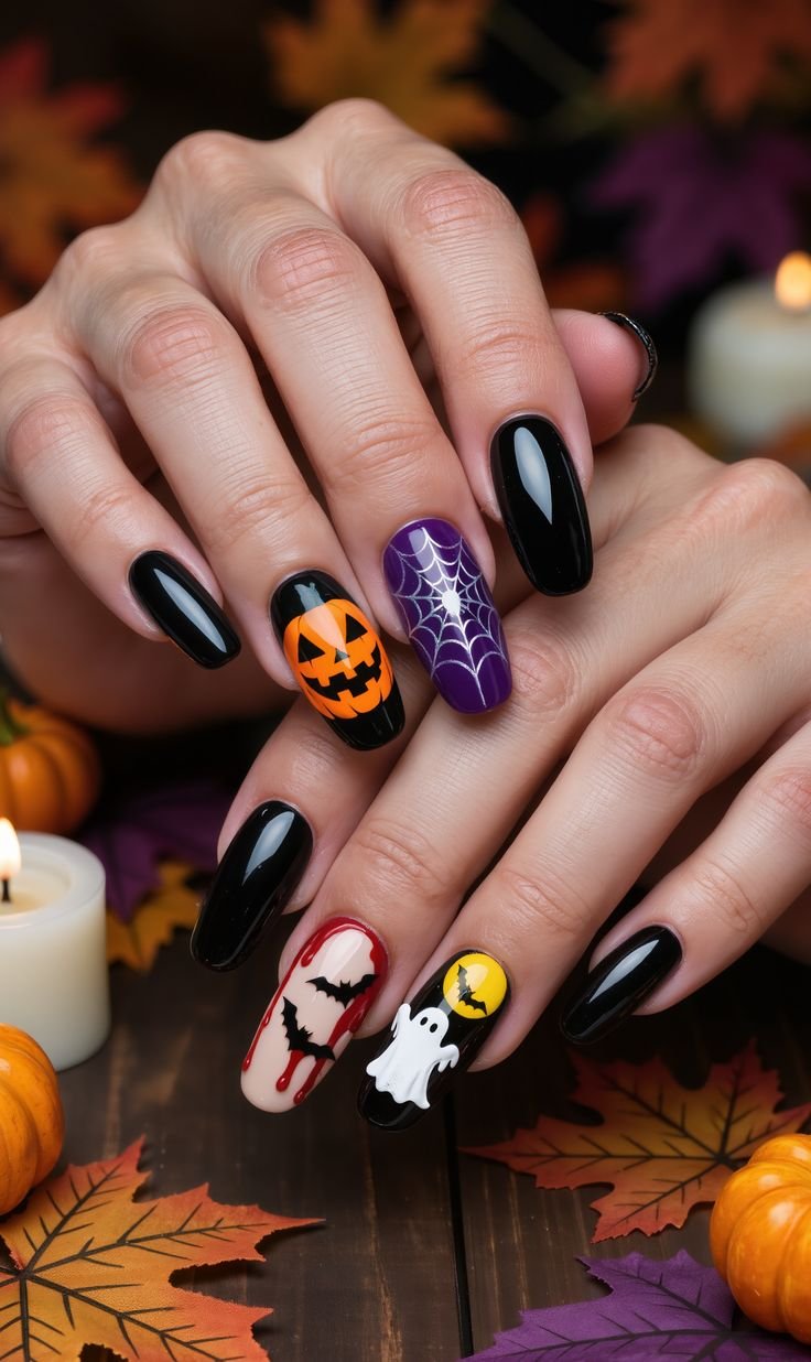Silver webbed corner Halloween nail designs