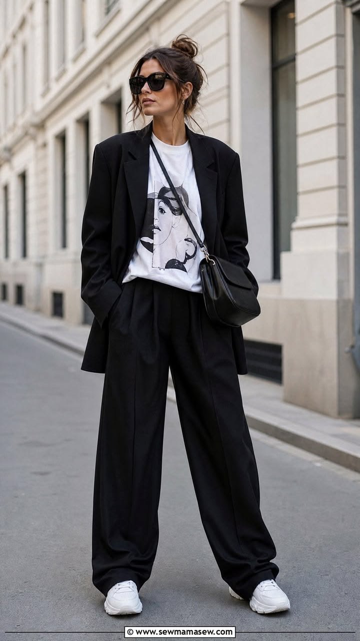 Woman wearing a classic grey baggy suit outfit with a white top and sneakers