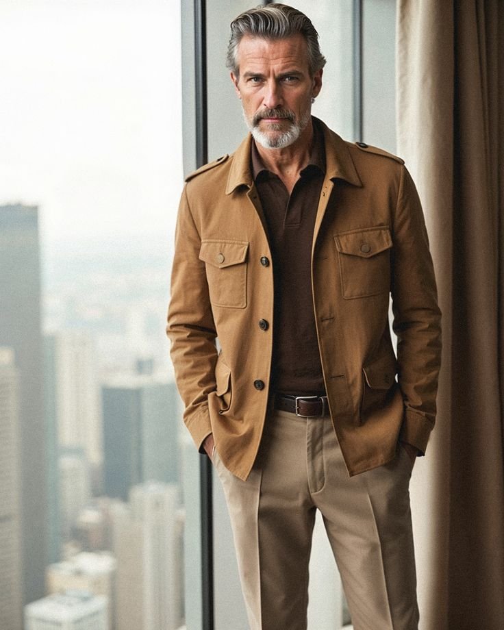 Formal field jacket outfit with a collared shirt and tie, demonstrating how to dress up outerwear.