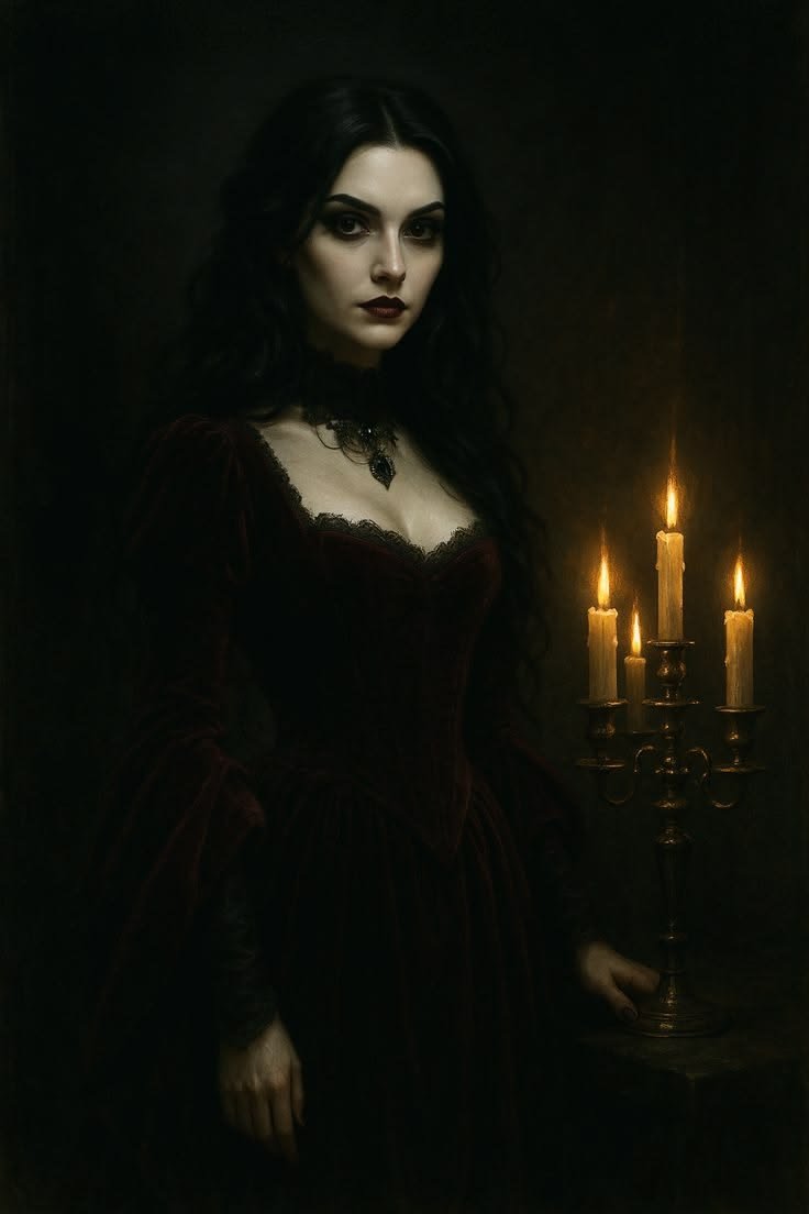 A woman with a dramatic black dress and intricate lace details, a classic gothic look.
