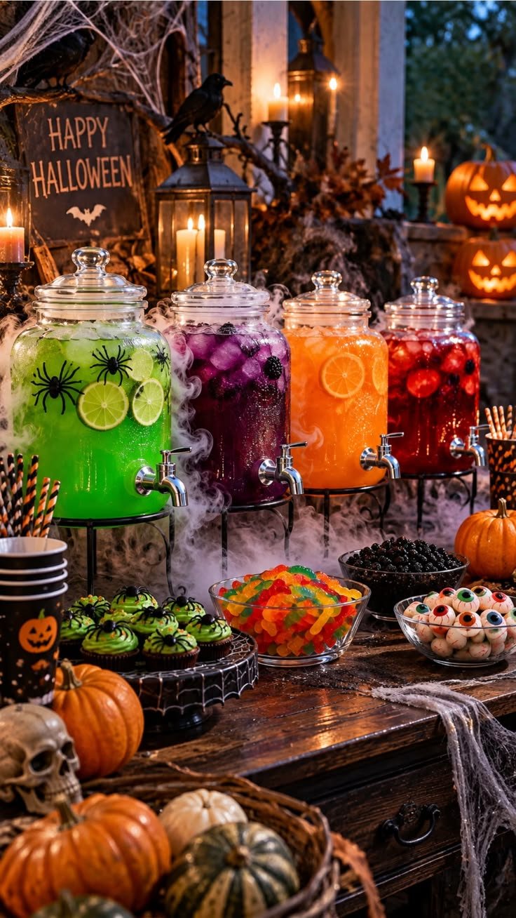Halloween party dessert table with themed cupcakes and candy jars