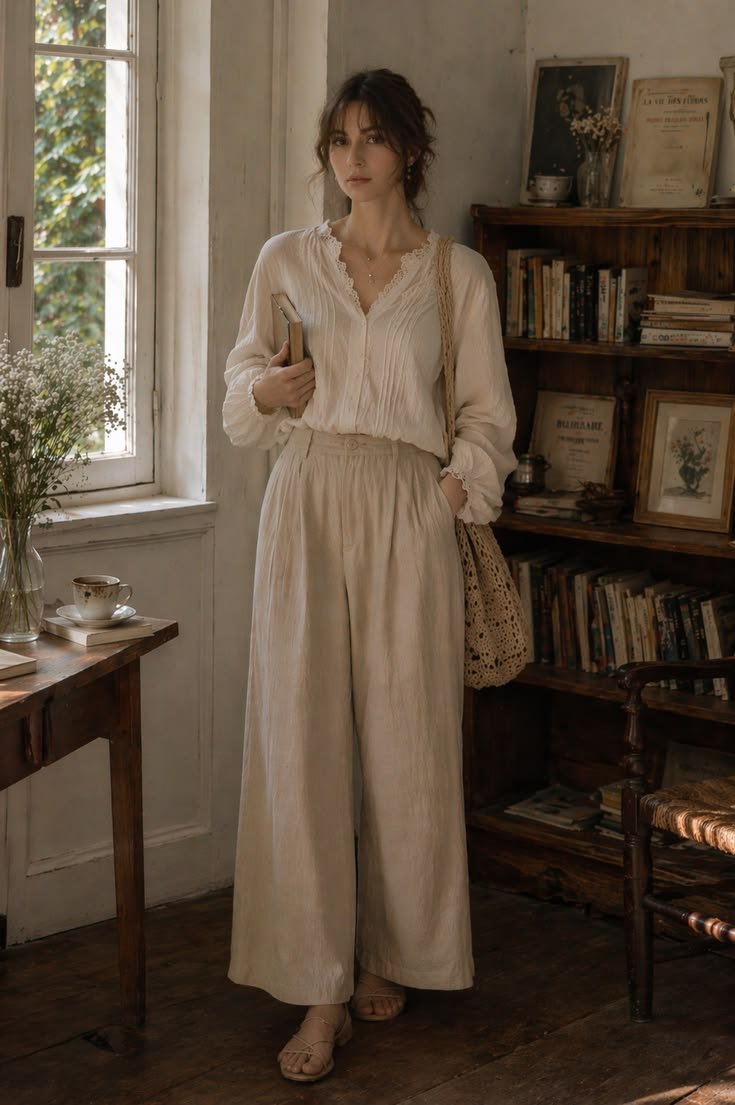 Budget-friendly poet core clothing items laid out, like thrifted blouses and simple trousers.