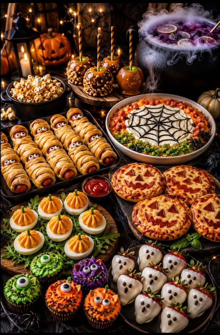Spooky artisan Halloween food charcuterie board with dark fruits and meats