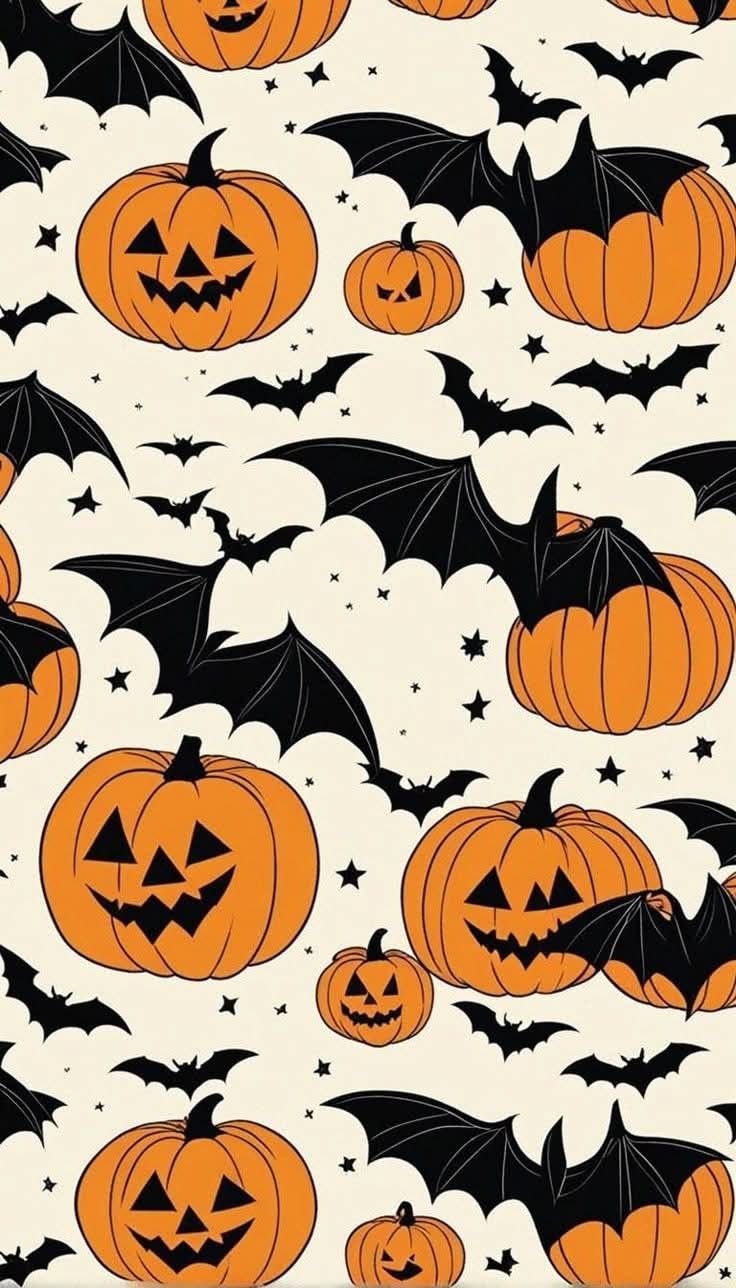 Cute Halloween wallpaper featuring friendly cartoon ghosts and festive accents