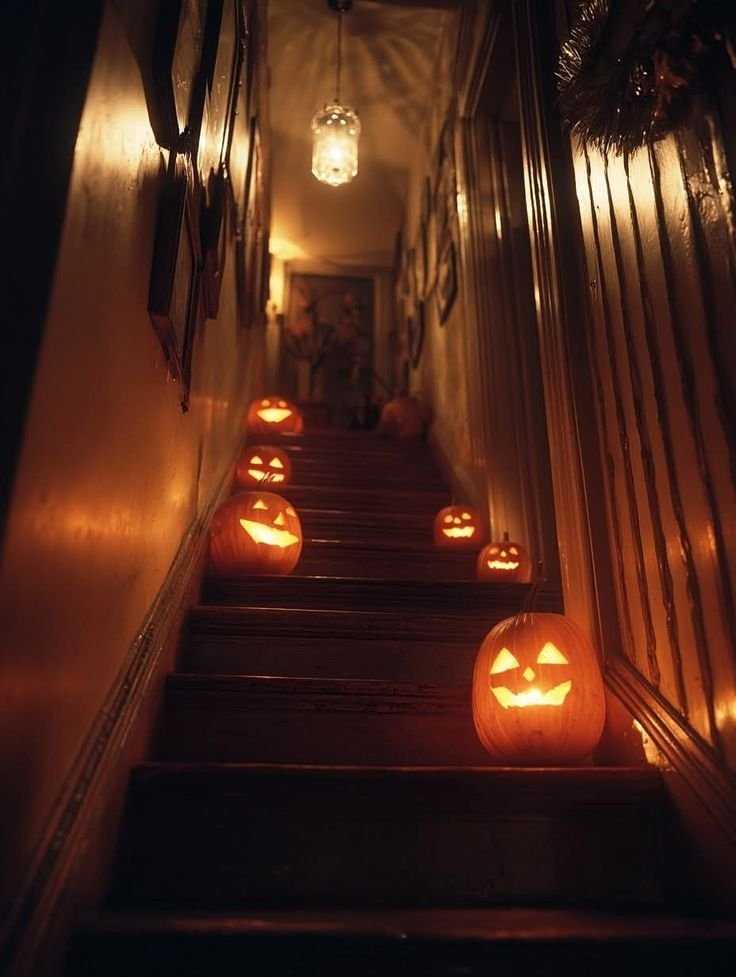 Room illuminated with warm amber string lights and neon signs for a spooky vibe